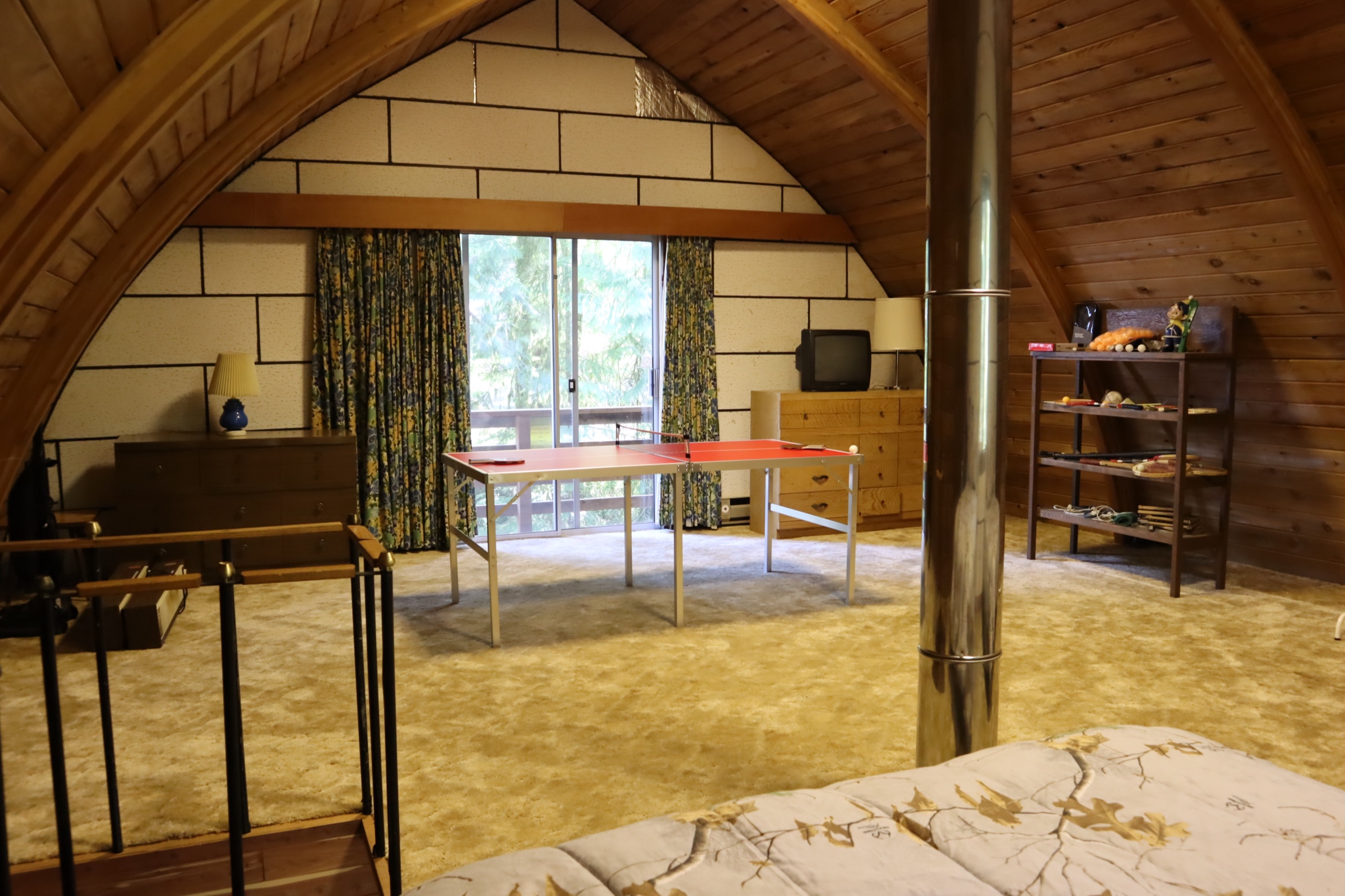Before: the upstairs loft with shag carpet and acoustic ceiling panels on the walls