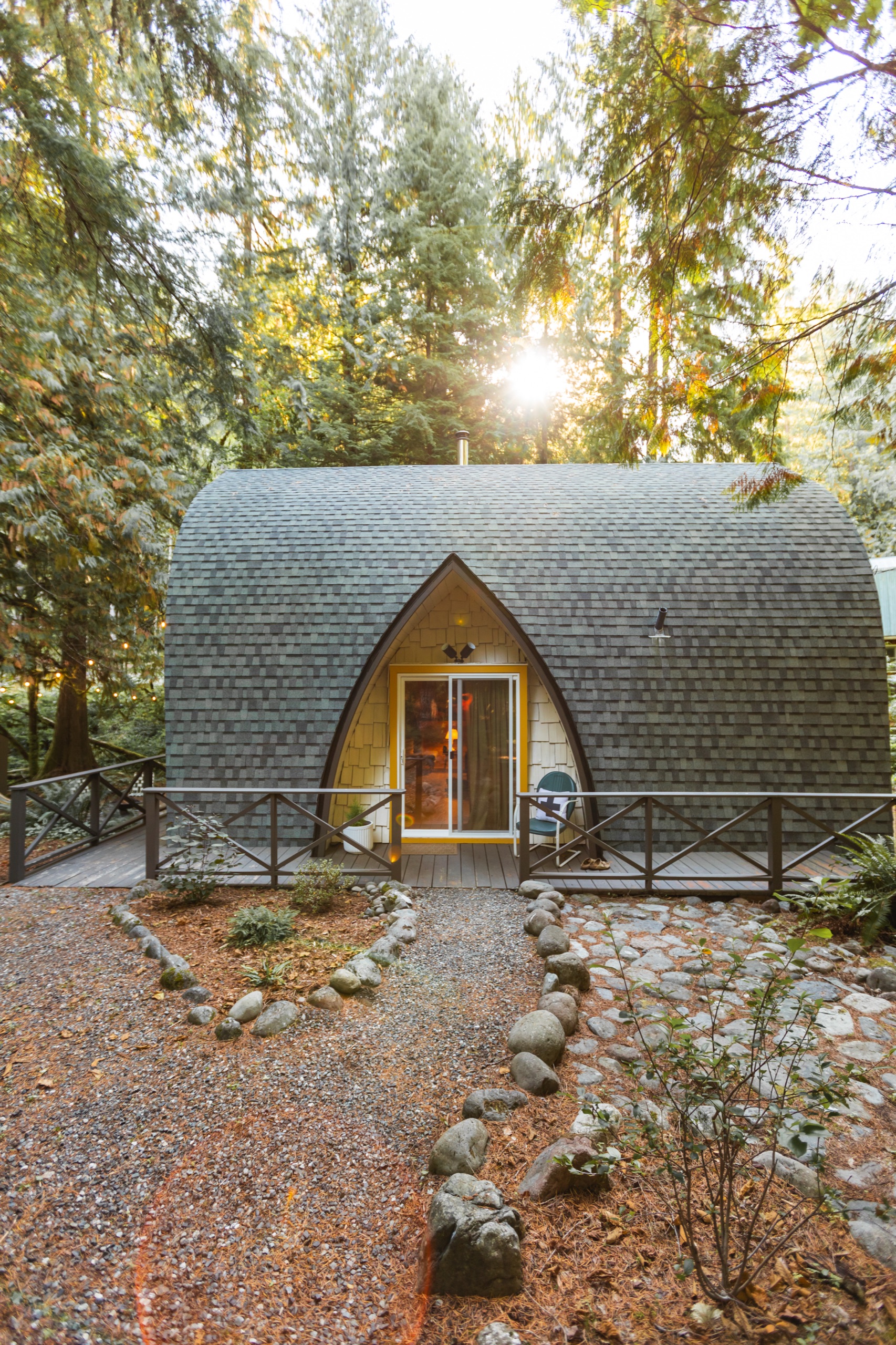 The Arch House, a 1970s arch-frame cabin in the woods near Mount Baker, Washington